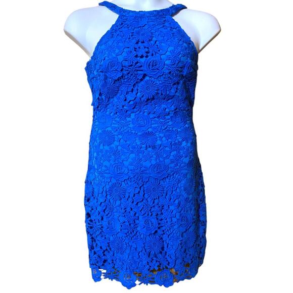 LULU'S halter style Love Poem Blue Lace Mini Dress - women's medium - Picture 1 of 9